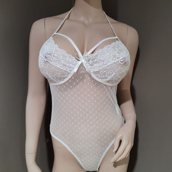 White Lace Sheer Mesh Teddy Bodysuit Lingerie - Picture 2 of 7